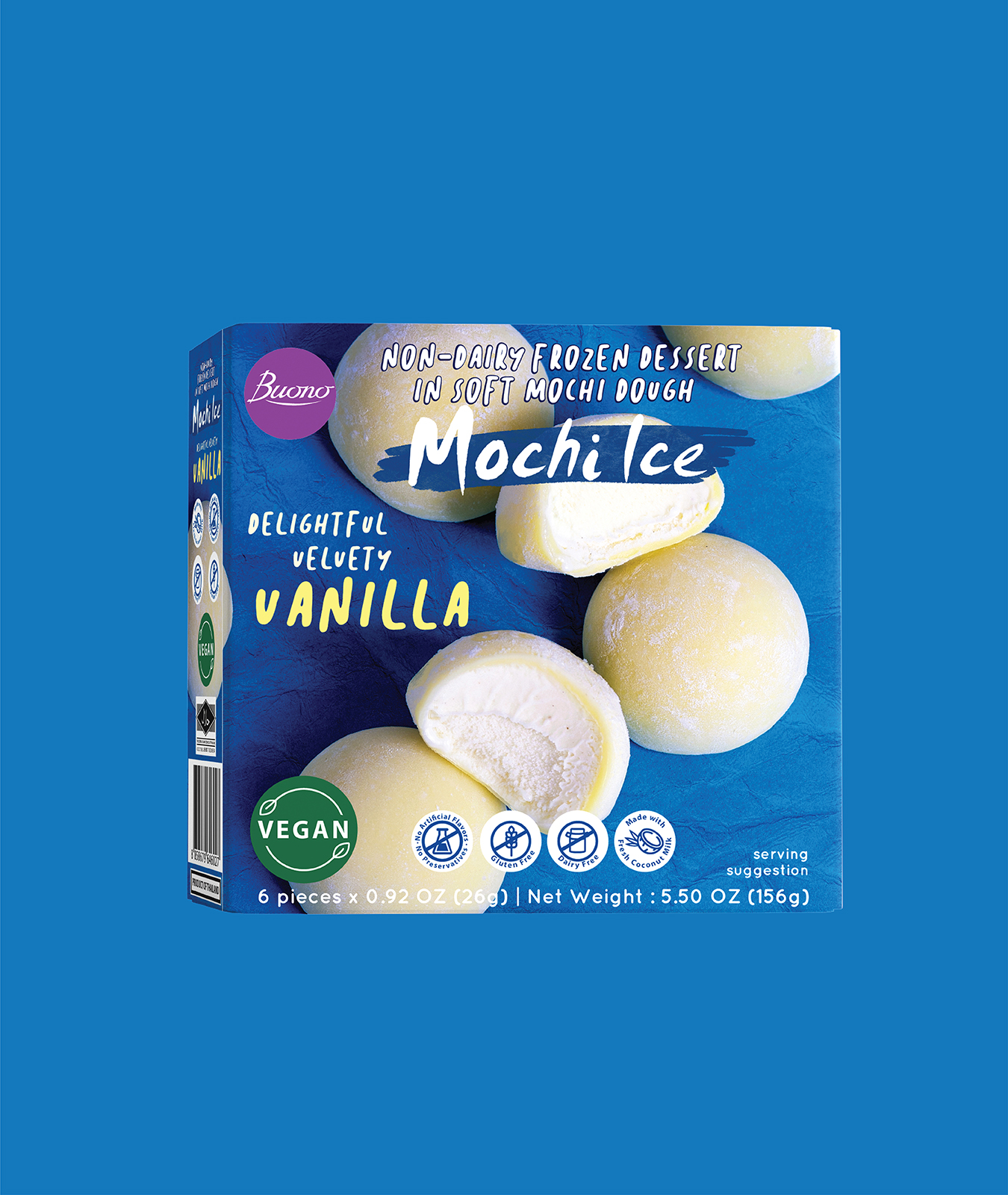 Mochi glacé végétalien Buono au goût vanille – Emballage premium avec présentation de dessert mochi