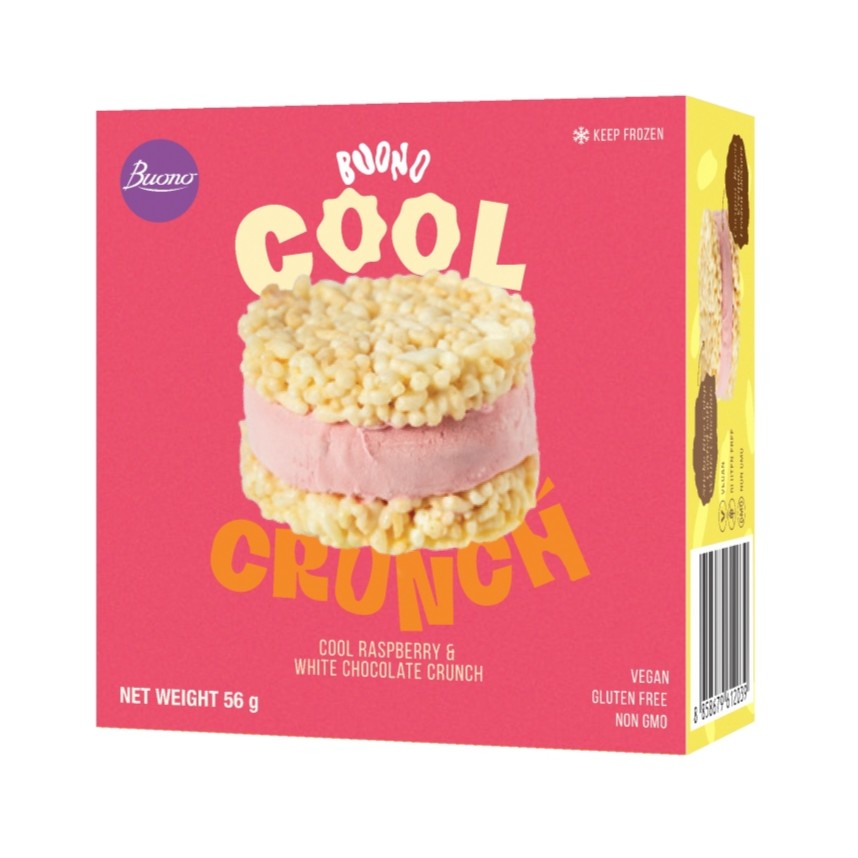 Buono Cool Crunch Raspberry ice cream sandwich box with white chocolate flavoured coating and pink raspberry non-dairy dessert