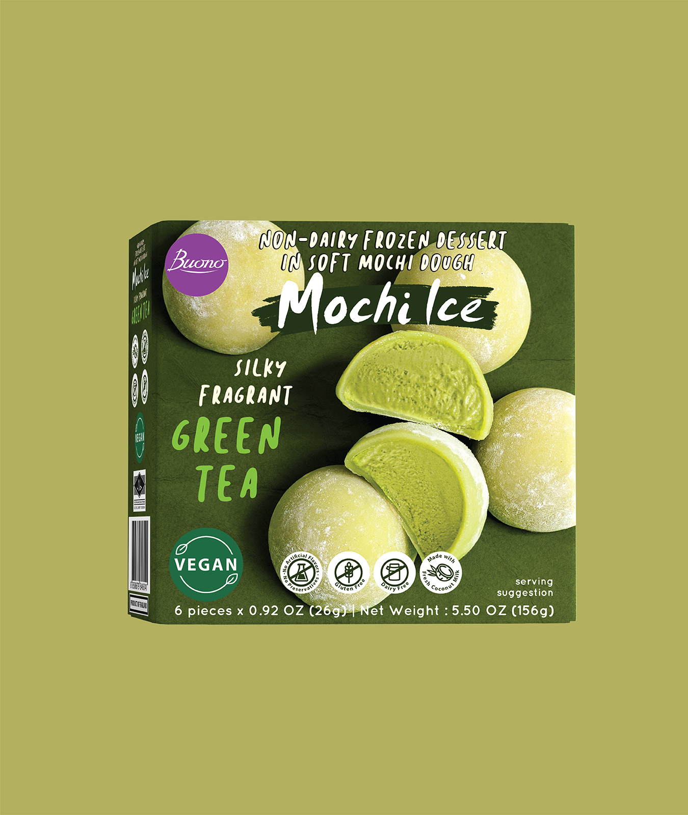Round Green Tea Mochi Ice with Soft Green Coating, Front View