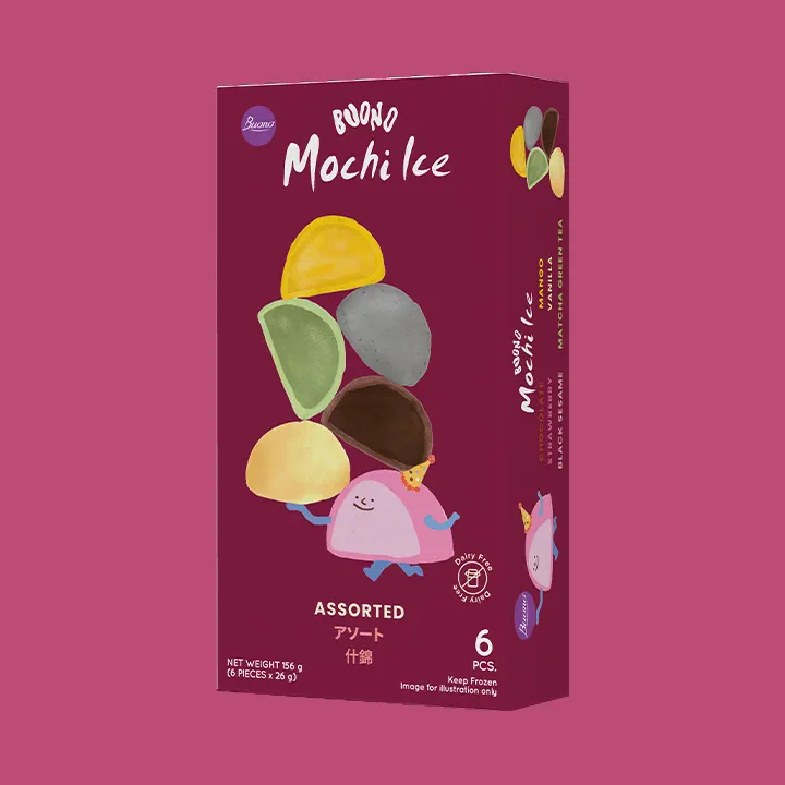 Buono Assorted Mochi Ice with Mango, Strawberry, Chocolate, Black Sesame, Vanilla and Green Tea.