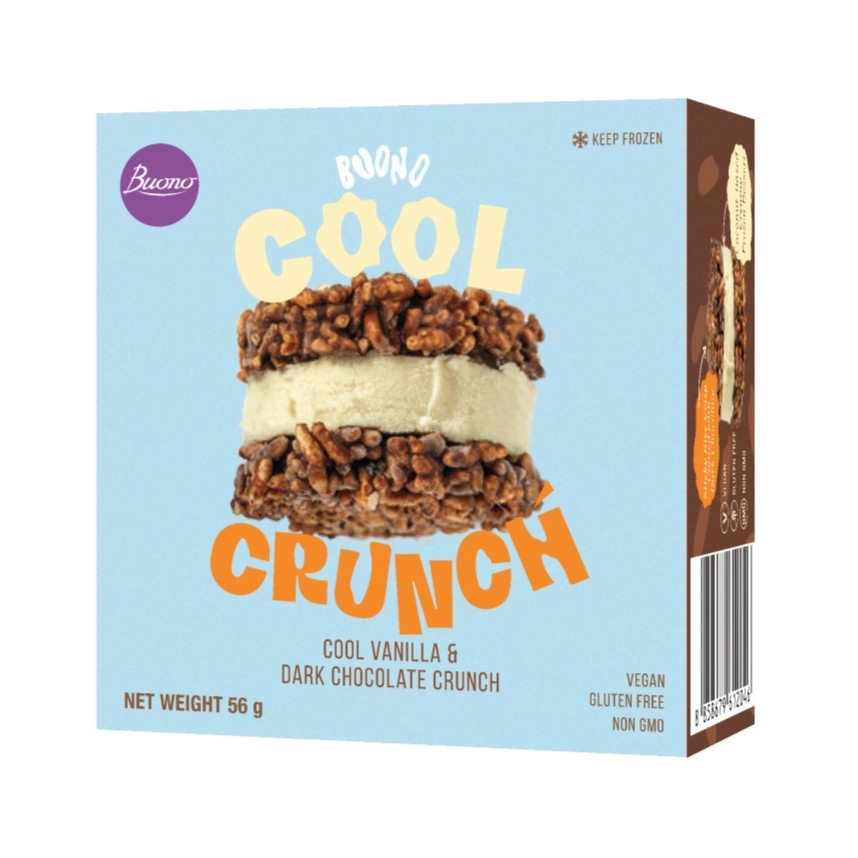 Buono Cool Crunch vanille- en pure chocolade ijs-sandwich verpakking – Vegan en Glutenvrij