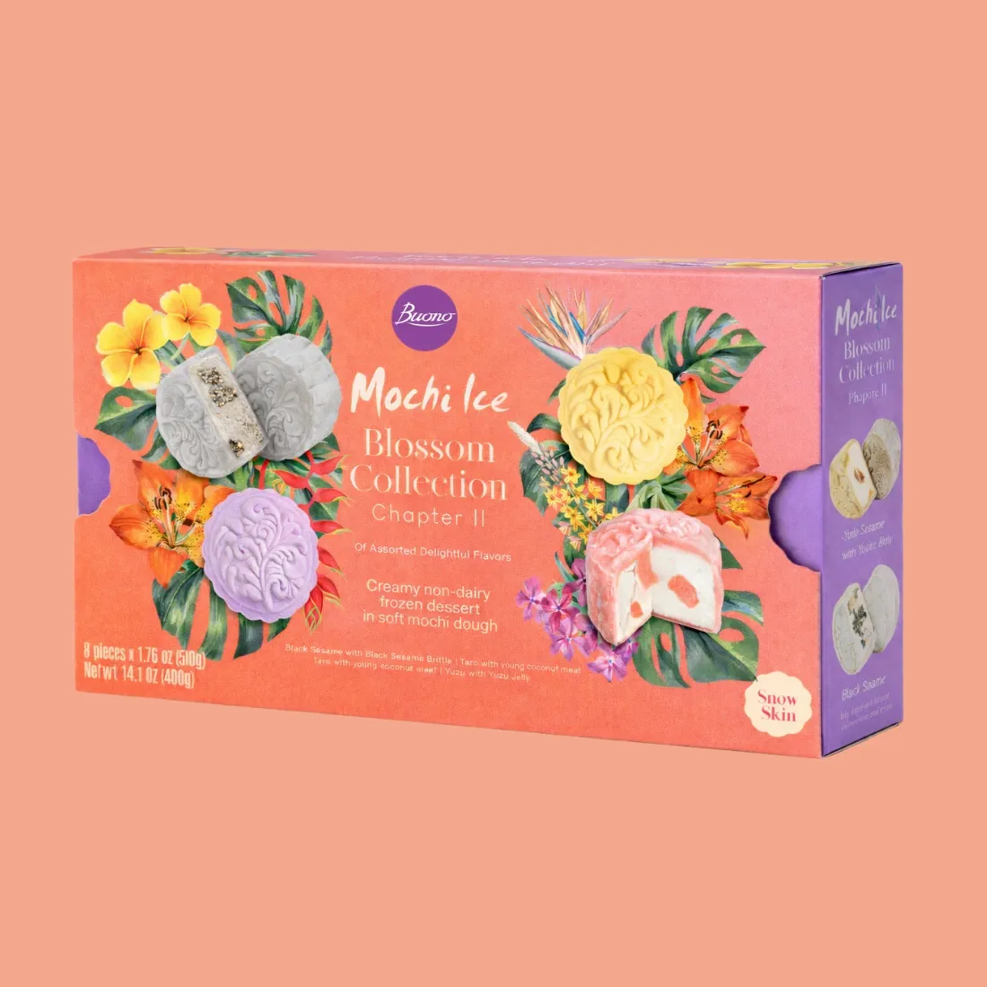 Buono Mochi Ice Blossom Collection Chapter II Assorted Frozen Dessert featuring Black Sesame, Lychee, Taro and Yuzu flavours