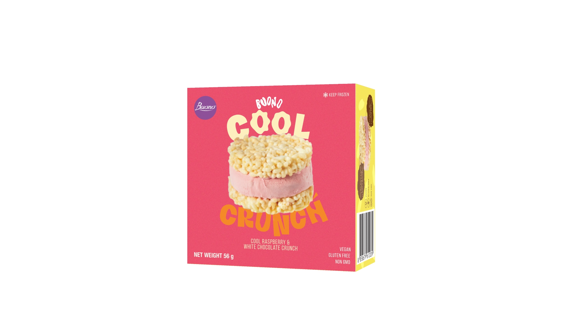 Buono Cool Crunch Himbeer-Eissandwich-Box mit weißem Schokoladengeschmack-Überzug und rosa veganem Himbeereis-Dessert